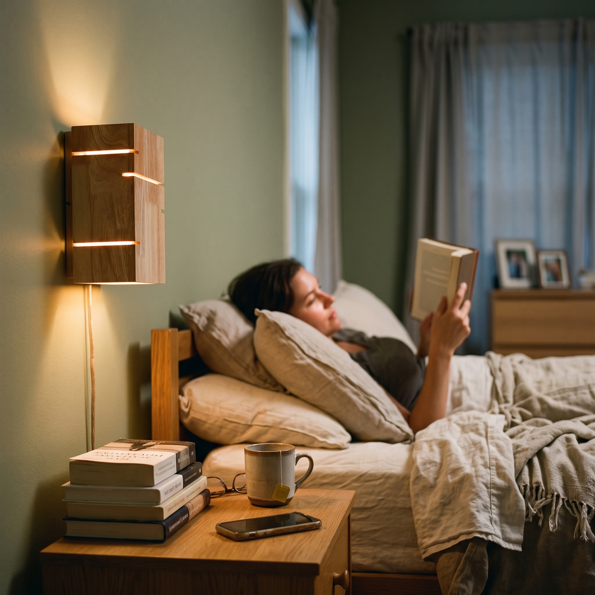 Solid Wood Bedside Wall Light in bedroom above bedside table - Muto