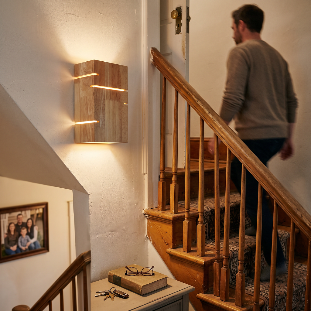 Solid Wood Bedside Wall Light on staircase wall - Muto