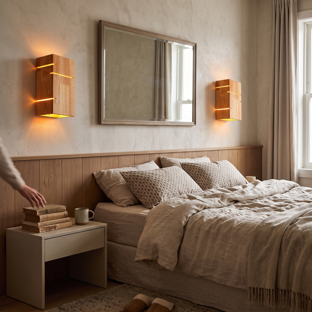 Solid Wood Bedside Wall Light pair styled in interior - Muto