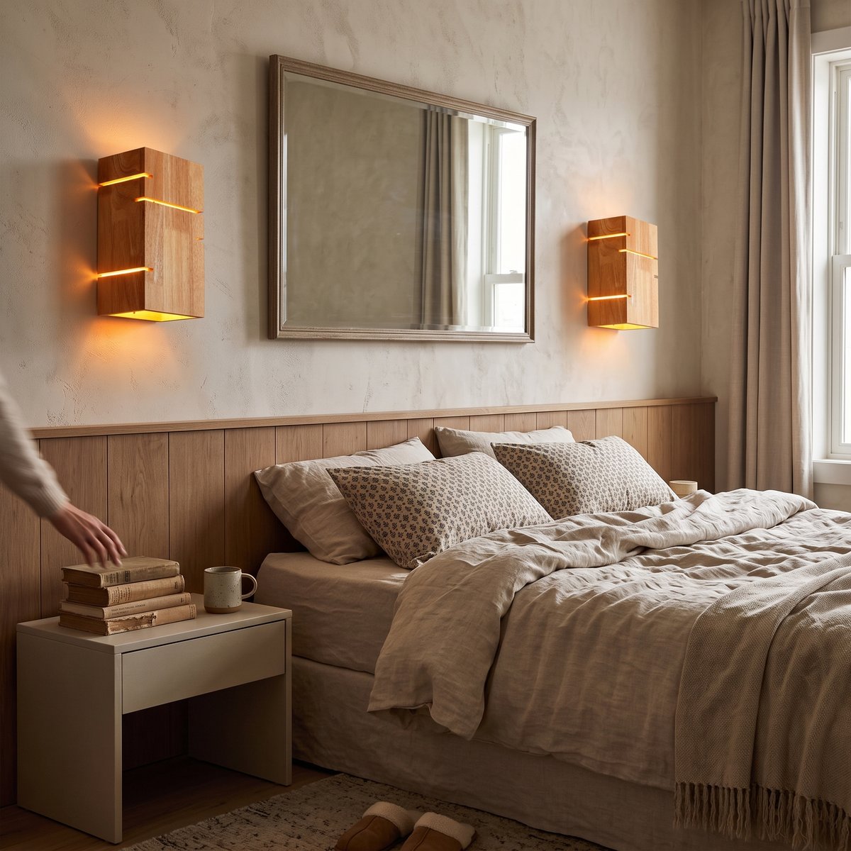 Solid Wood Bedside Wall Light pair styled in interior - Muto