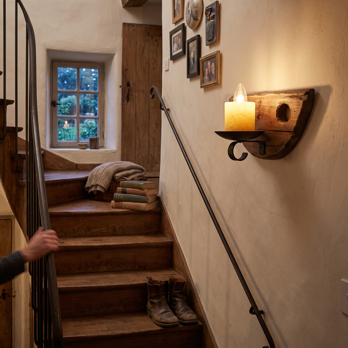Wooden Candle Wall Light Semicircle on staircase wall - Epoch