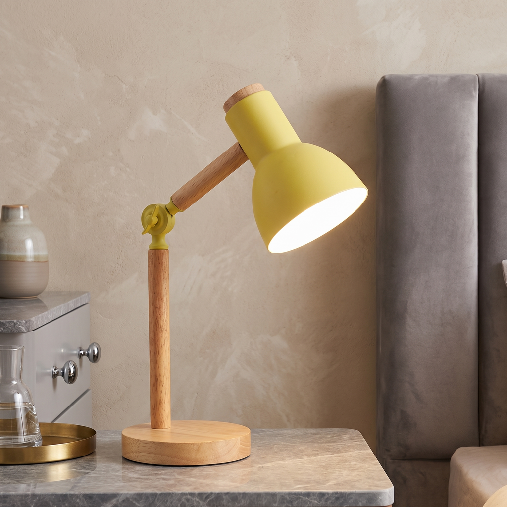 Wooden Desk Lamp – E27 – Scandinavian – Rubberwood & Metal – 5 Colours