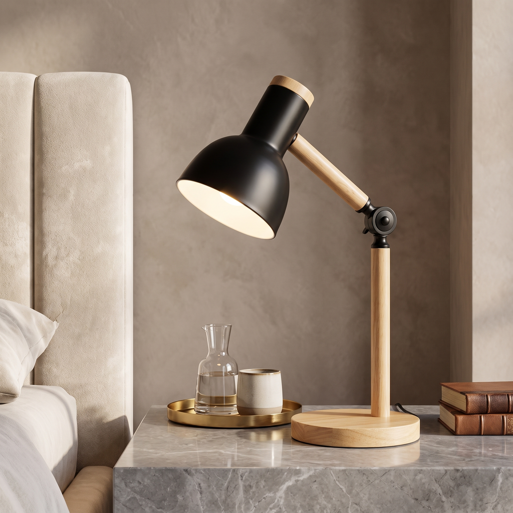 Wooden Desk Lamp – E27 – Scandinavian – Rubberwood & Metal – 5 Colours