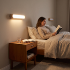 Wooden LED Wall Light Rectangular in bedroom above bedside table - Muto
