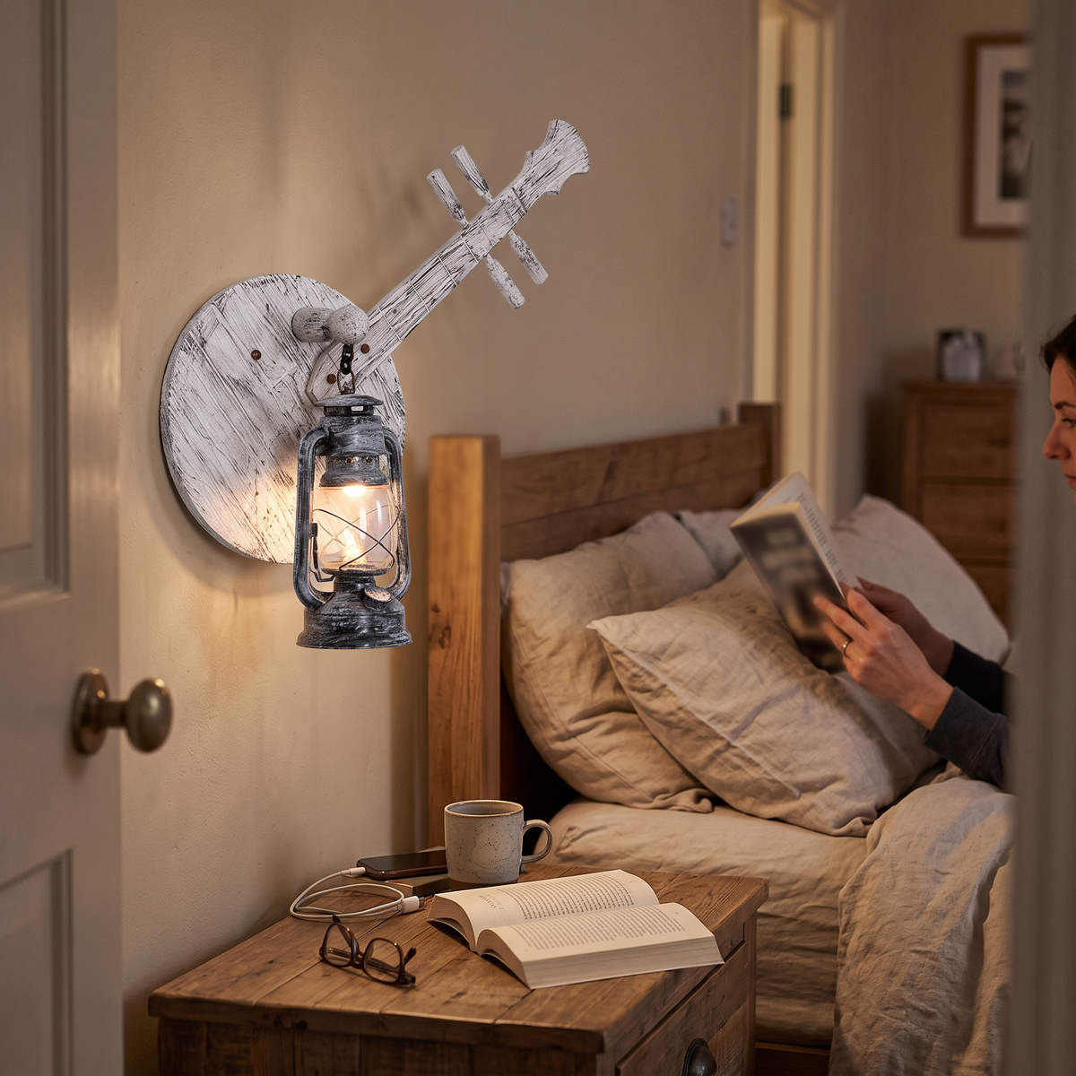 Wooden Lantern Wall Light Vintage in bedroom above bedside table - Epoch