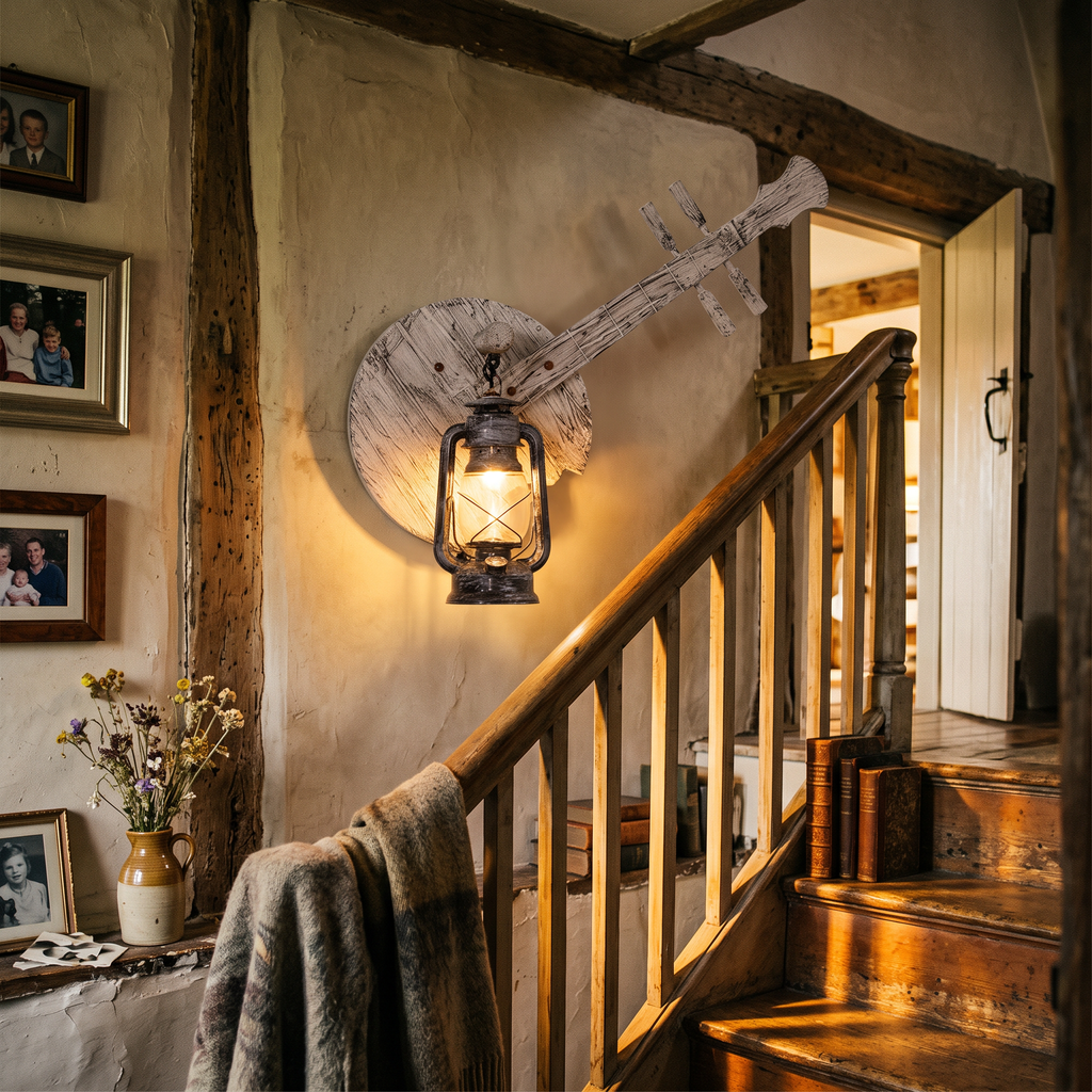 Wooden Lantern Wall Light Vintage on staircase wall - Epoch