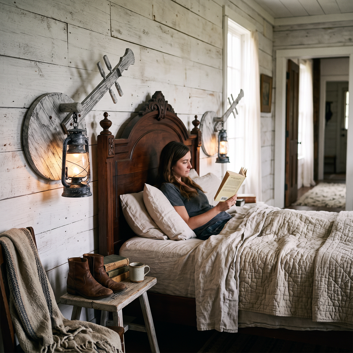 Wooden Lantern Wall Light Vintage pair styled in interior - Epoch