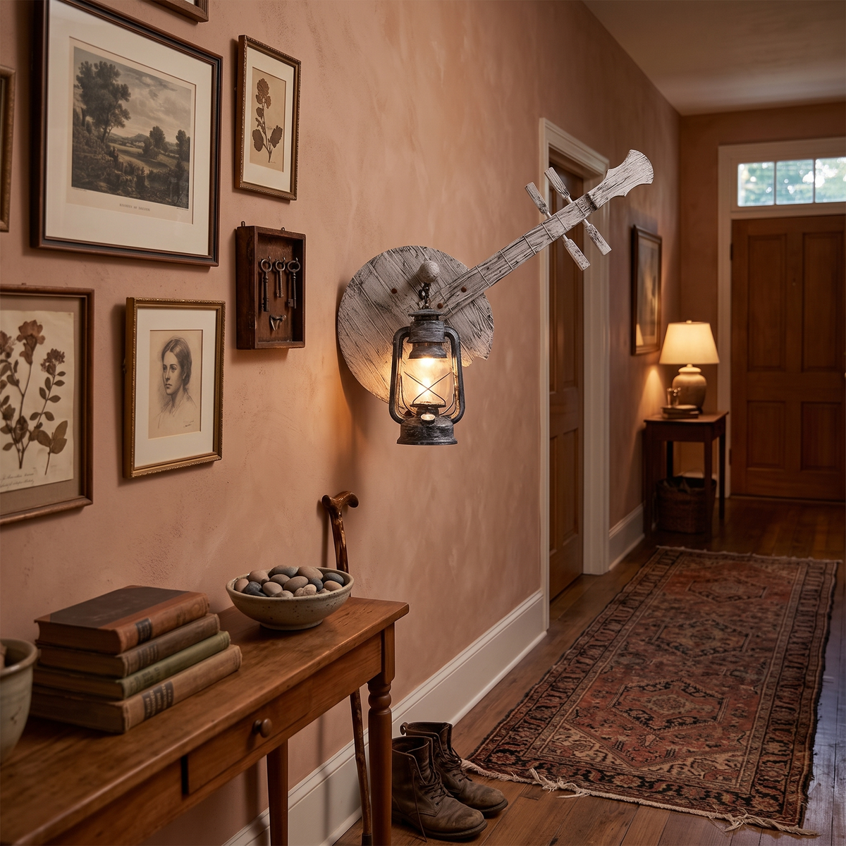 Wooden Lantern Wall Light Vintage in hallway - Epoch