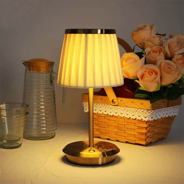 Cordless Fabric Shade Table Lamp – Minimalist – Iron & Fabric – Gold