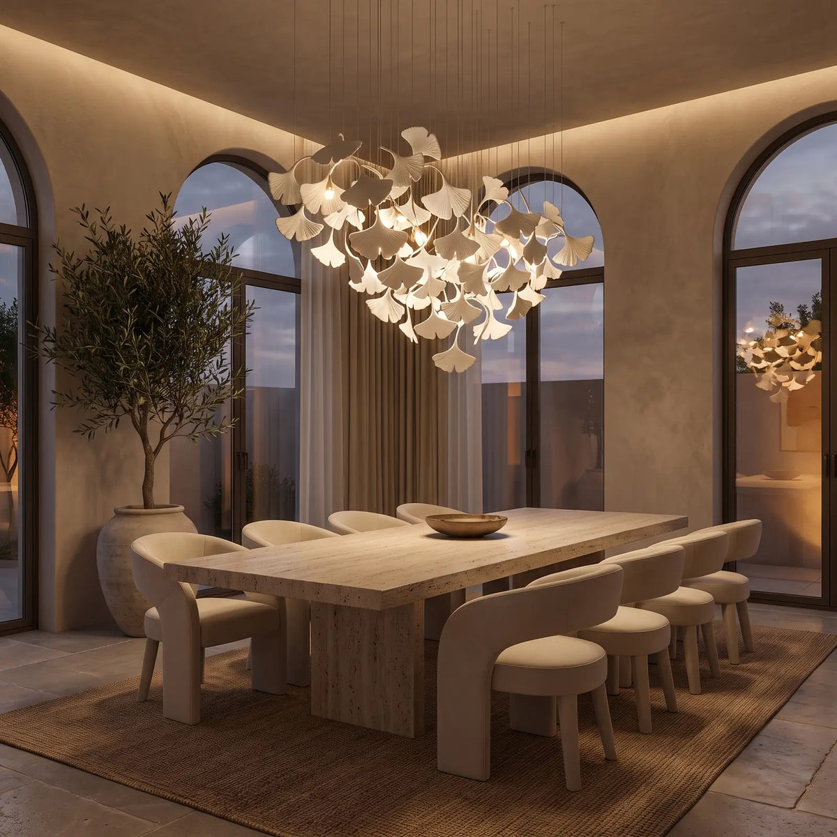 Ceramic ginkgo leaf chandelier over dining table