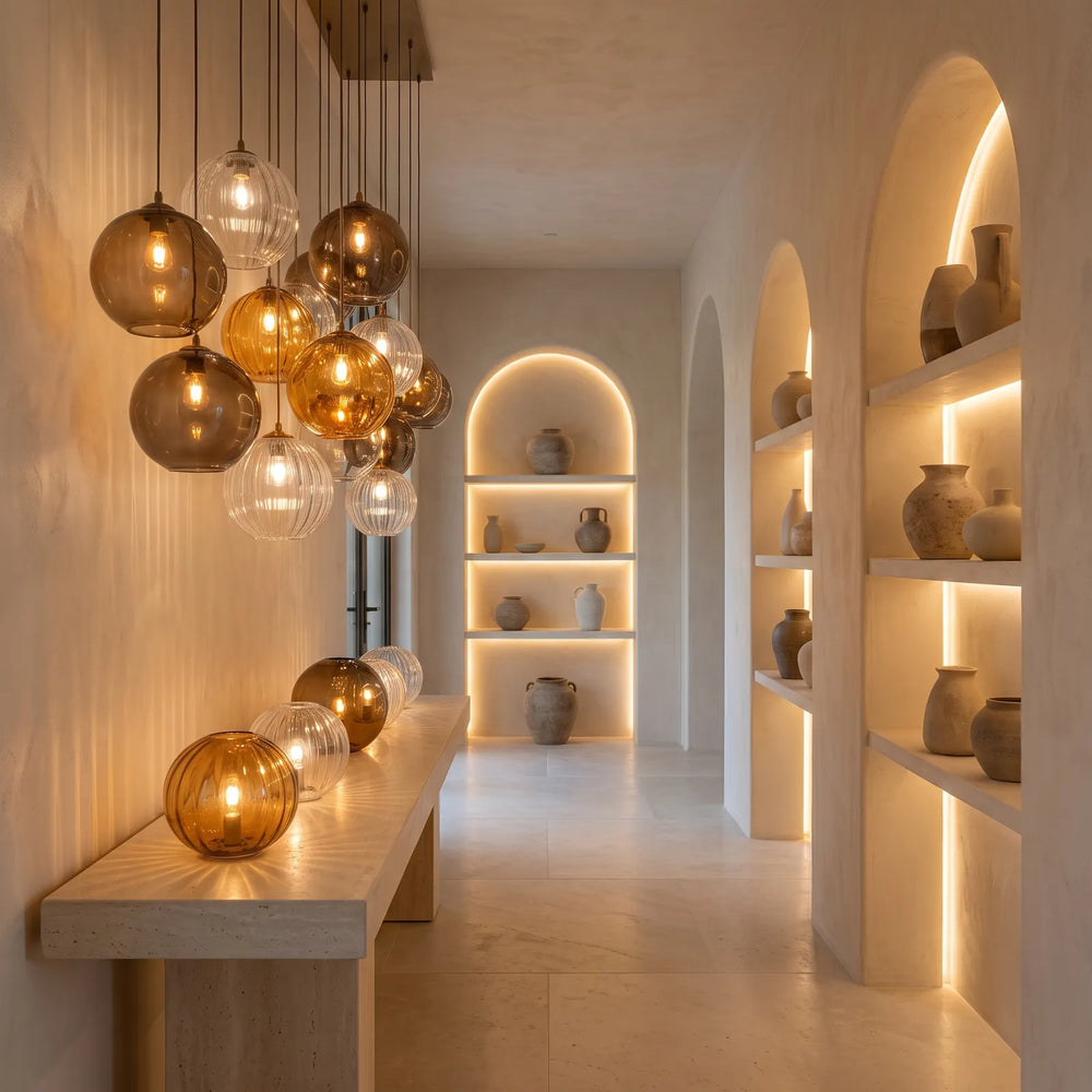 Amber and clear glass globe lights in a hallway