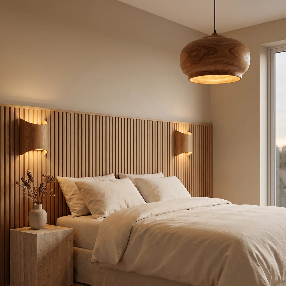 Wooden pendant and wall lights in a calm bedroom