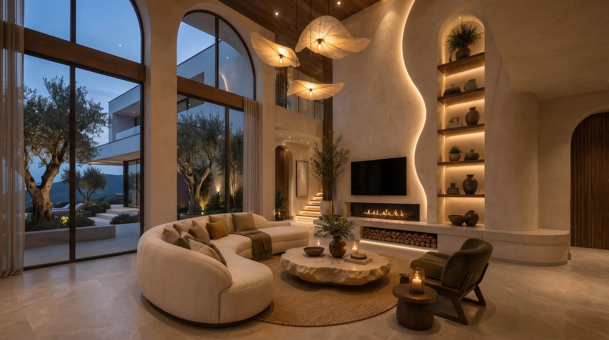 Luxury living room with sculptural pendant lights