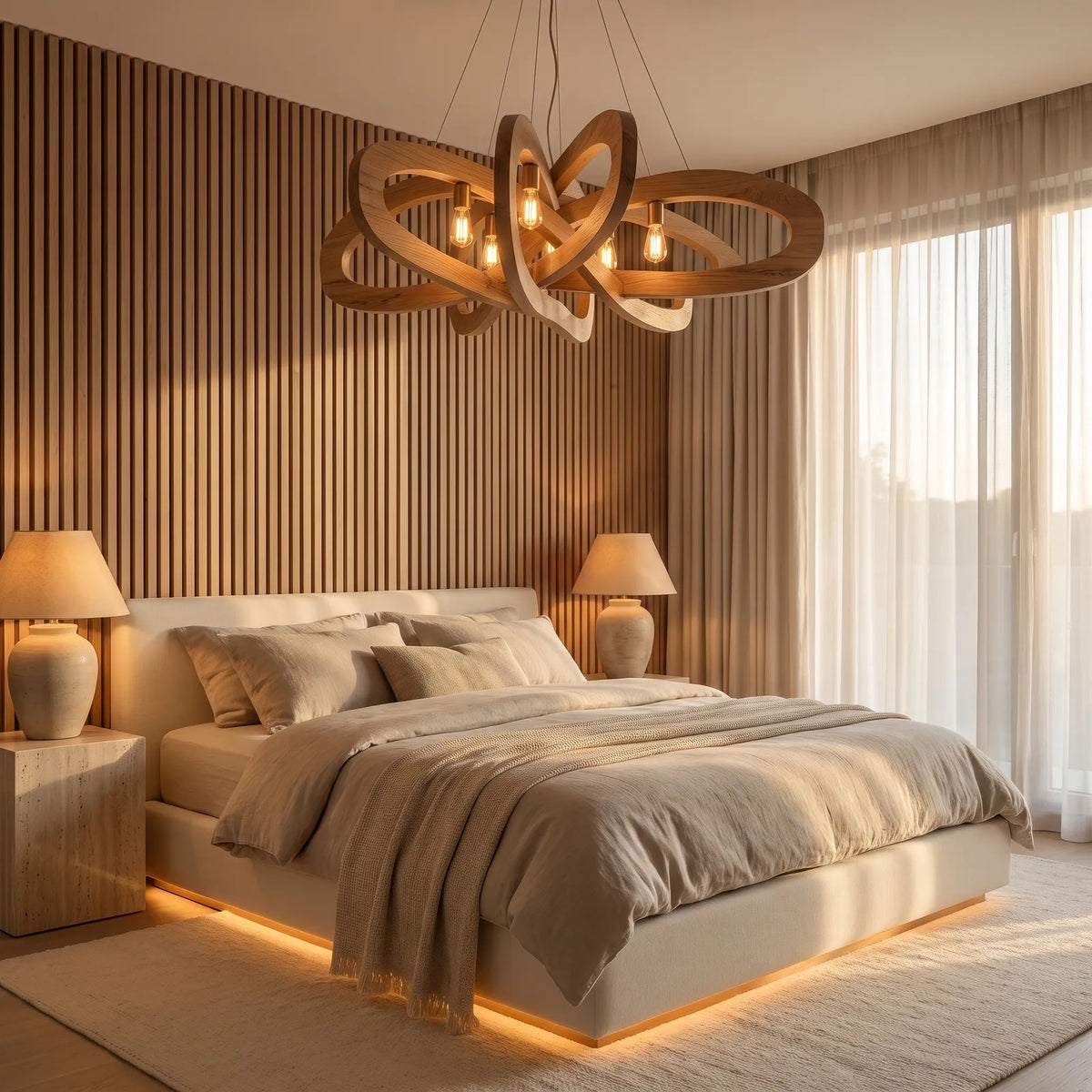 Wooden chandelier in a calm bedroom