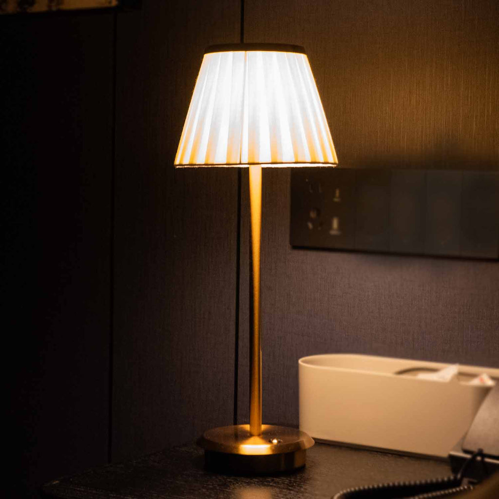 Cordless Fabric Shade Table Lamp – Minimalist – Iron & Fabric – Gold