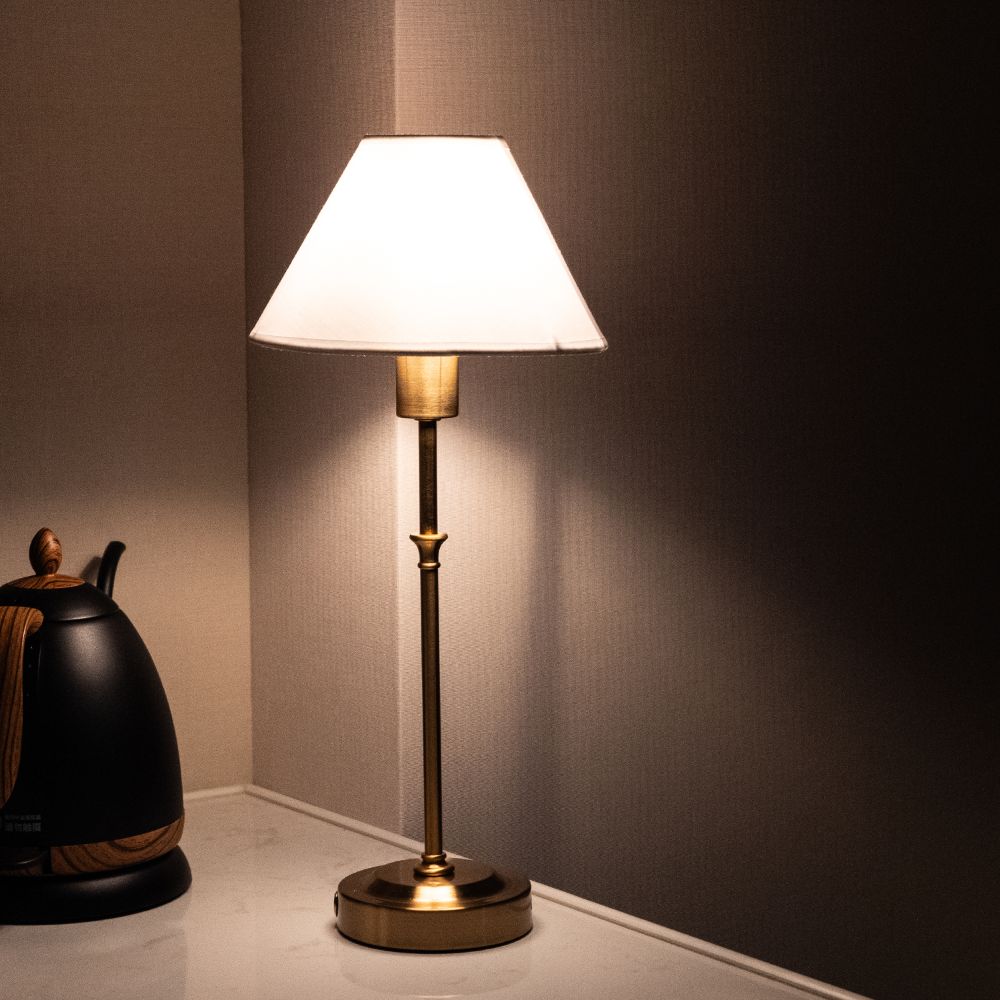 Tall Cordless Fabric Shade Table Lamp – LED – Classic – Iron & Fabric